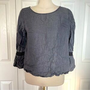 Black chambray denim top with smocked bell sleeves large.